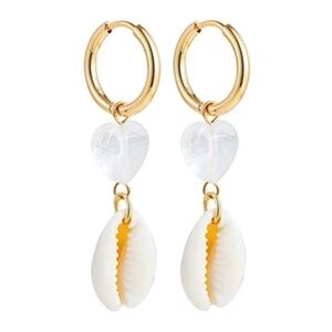 Gold Hoop Shell Earrings with Heart Charm – 1.8 Inch Dangle Earrings with 15mm H